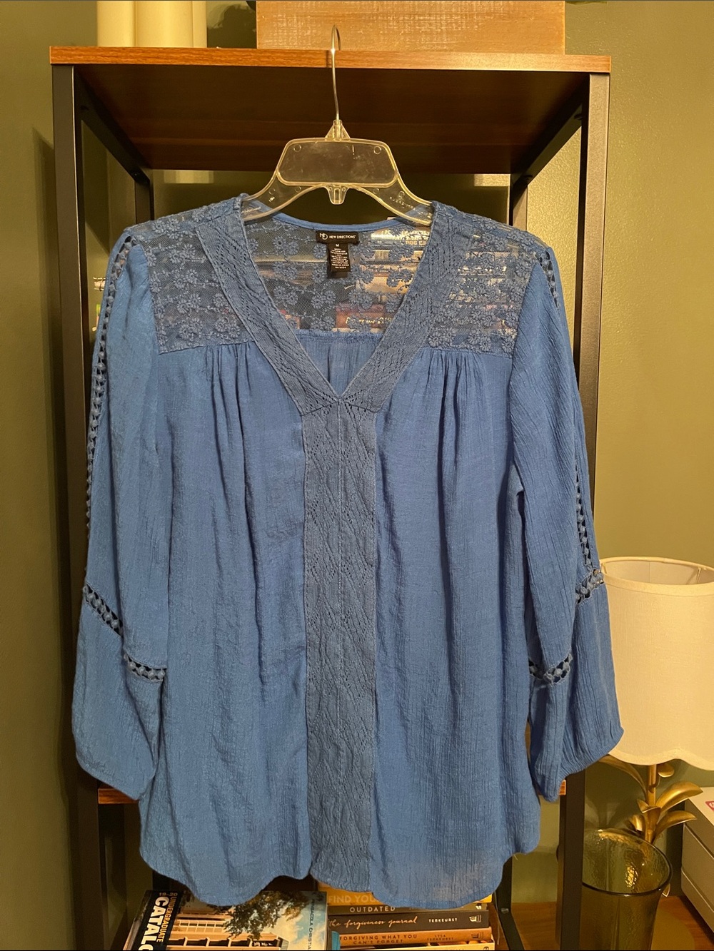 new directions Blue Lace Yoke V-Neck Peasant Top